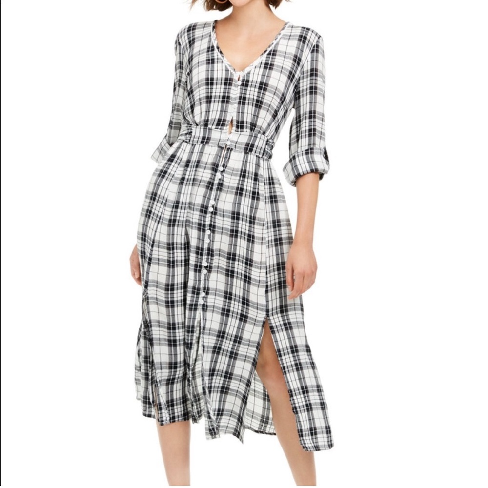 American Rag Cie Plaid Button Down Long Sleeve Dress in Oatmeal Combo